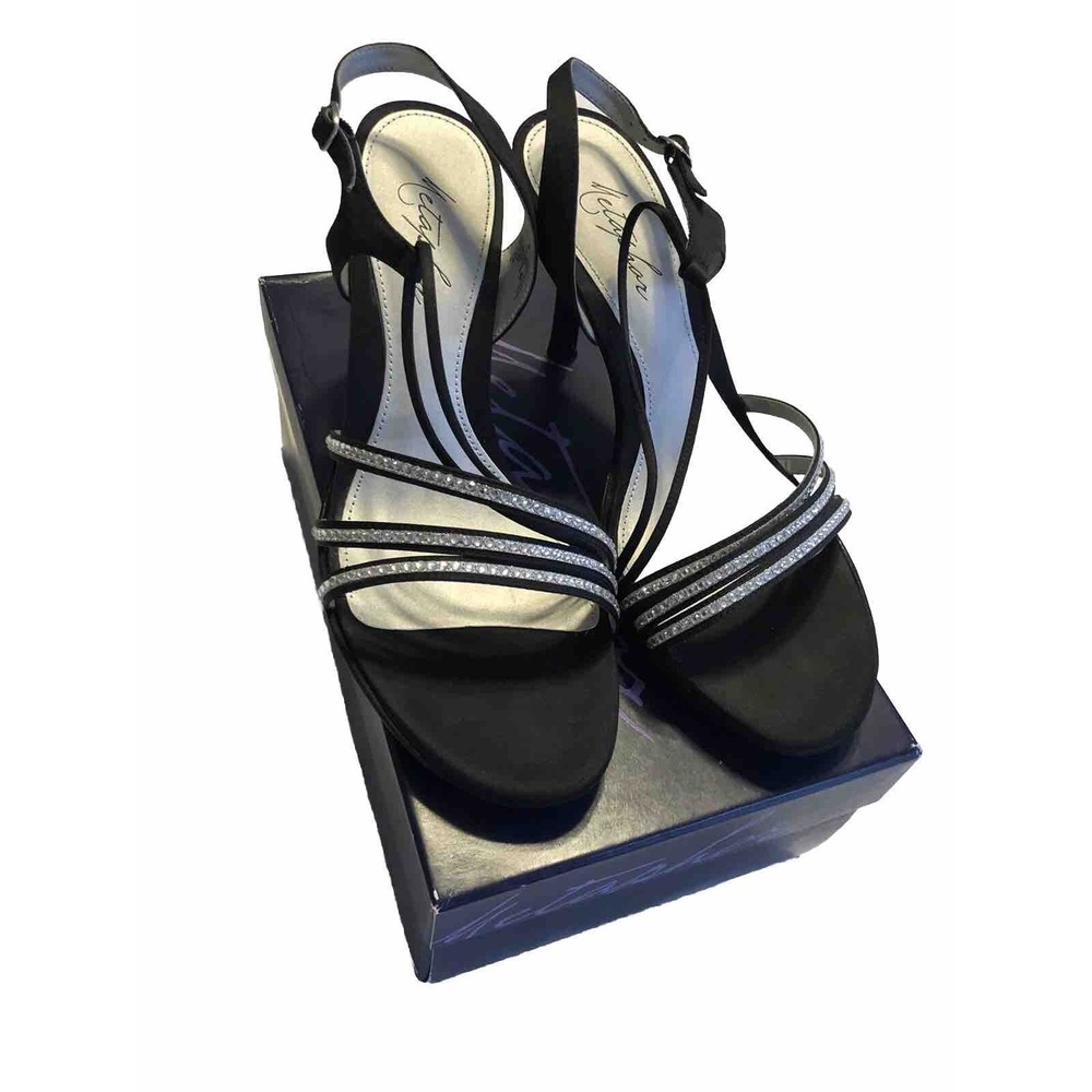 Metaphor Womens Size 8.5 Strappy Black Dress Heels with Rhinestones Stiletto